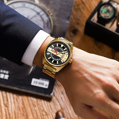 Men Watch Stainless Steel Band Luxury Quartz Wristwatches for Male Creative Design Golden Clock with Luminous