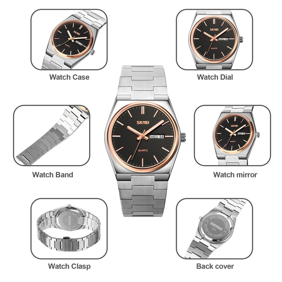 New Casual Quartz Clock Male Full Steel Time Week Date Sports Watch Mens Waterproof Business Wristwatches Man reloj hombre