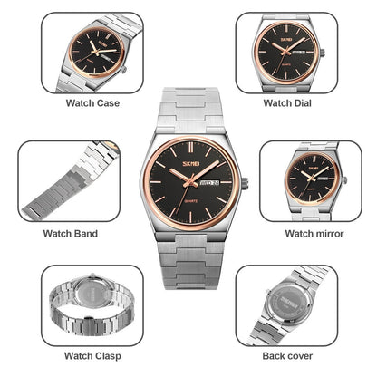 New Casual Quartz Clock Male Full Steel Time Week Date Sports Watch Mens Waterproof Business Wristwatches Man reloj hombre