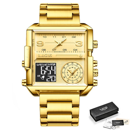 Original Men Sports Wrist Watch Gold Quartz Steel Waterproof Dual Display Clock Watche Relogio Masculino For Men Golden S