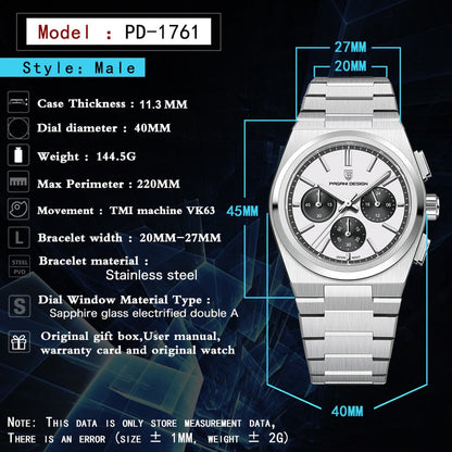 New Classic Men Sport Quartz Watches Sapphire Stainless Steel VK63 Waterproof Clock Relogios Masculinos