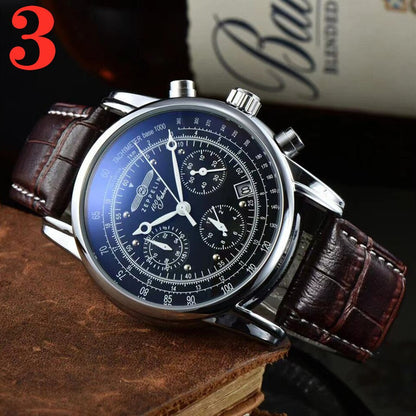 New Zeppelin Watch Fashion Three Eyes Running Second Multifunctional Chronograph Top Leather Business Quartz Watch