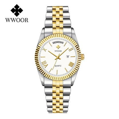 New Gold Watches Mens Luxury Stainless Steel With Calendar Warter proof Male Clock Week Quartz Wristwatch Relogio Masculino Silver white