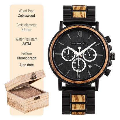 New Wooden Watch Men Stylish Wood Timepieces Chronograph Military Quartz Watches in Wood Gift Box T50-1