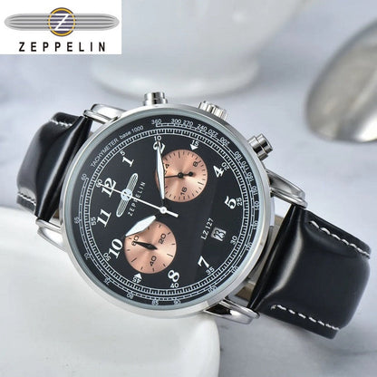 New Zeppelin Watch Fashion Three Eyes Running Second Multifunctional Chronograph Top Leather Business Quartz Watch