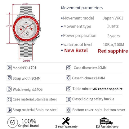 Men Watches 100M Waterproof Date Speed Chronograph Quartz VK63 AR Sapphire mirror Full Steel Watch