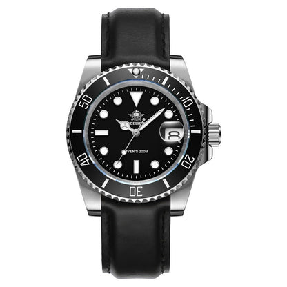 New Fashion Watch Stainless Steel Diver Watch 200M C3Super Luminous Sport Stainless Steel Watch leather black
