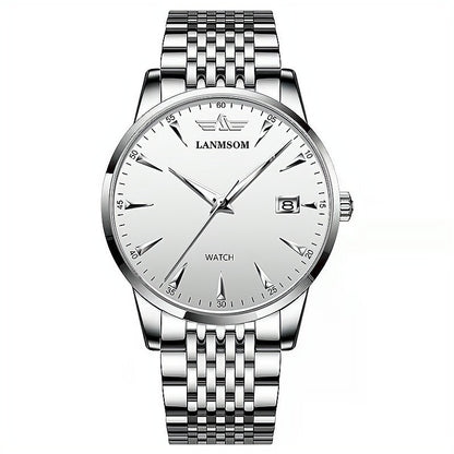 Casual Sport Chronograph Men Watches Stainless Steel Band Wristwatch Big Dial Quartz Clock with Luminous Pointers silver white