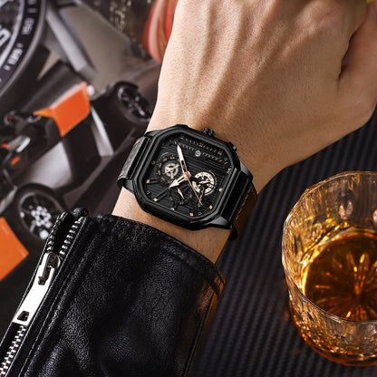 Square Dial Leather Mens Watches Luxury Sport Waterproof Watch Man Chronograph Quartz WristWatches Homme+Box