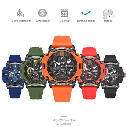 Sport Watches for Men Fashion Waterproof Luminous Chronograph Quartz Wristwatch with Auto Date Silicone Strap