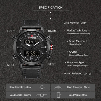 Men Sports Watches Men Quartz LED Digital Clock Top Brand Luxury Male Fashion Leather Waterproof Military Wrist Watch