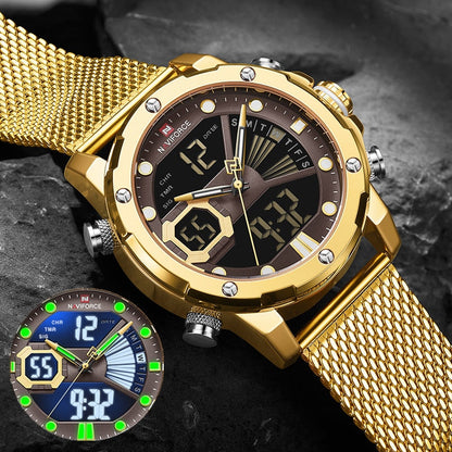 Original Watches For Men Luxury Brand Quartz Dual Display Military Sports Wrist Watch Mesh Steel Band Waterproof Clock