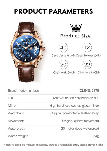 OLEVS 2878 Quartz Men Watch Classic Waterproof Luminous Wristwatch Leather Strap Date Display Luxury Top Brand Watch for Men
