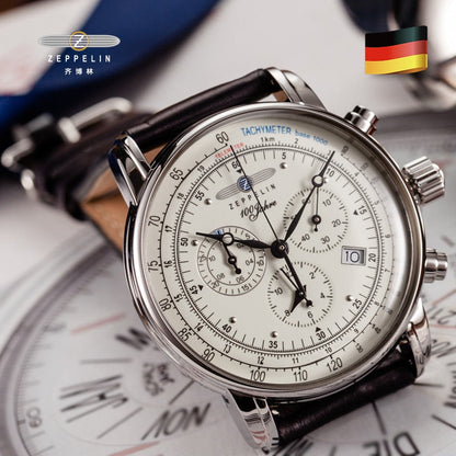 New Zeppelin Watch Fashion Three Eyes Running Second Multifunctional Chronograph Top Leather Business Quartz Watch