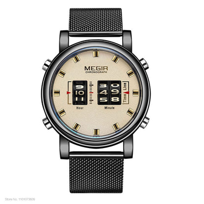 New Luxury Watches Men Military Sport Roller Pointer Quartz Watch Man Fashion Stainless Steel Mesh Strap Wristwatch Mesh-Black