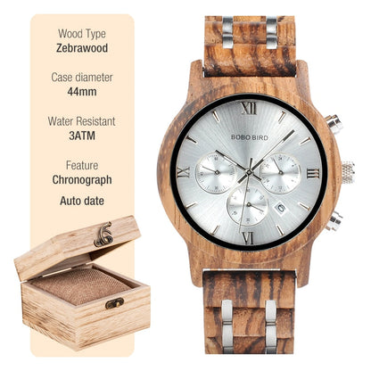 New Wooden Watch Men Stylish Wood Timepieces Chronograph Military Quartz Watches in Wood Gift Box P19-2