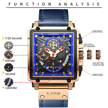 New Men Watches Top Brand Luxury Hollow Square Sport Watch For Men Fashion Leather Strap Waterproof Quartz WristWatch