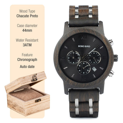 New Wooden Watch Men Stylish Wood Timepieces Chronograph Military Quartz Watches in Wood Gift Box P19-1