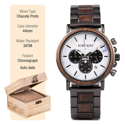 New Wooden Watch Men Stylish Wood Timepieces Chronograph Military Quartz Watches in Wood Gift Box P09-5