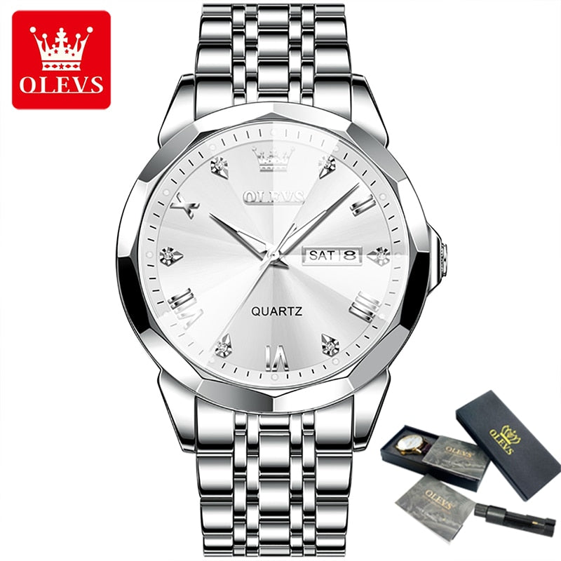 OLEVS 9931 New Business Quartz Watch for Men Dual Calendar Luxury Diamond Dial Waterproof Stainless Steel Strap Men Wristwatch