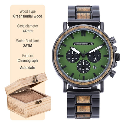 New Wooden Watch Men Stylish Wood Timepieces Chronograph Military Quartz Watches in Wood Gift Box