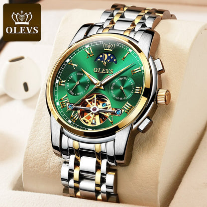 New Men OLEVS Mechanical Dress Watch Top Brand Men Watch Automatic  Dress Luxury Moon Light Phase Tour Billon Wristwatch Gifts for Male