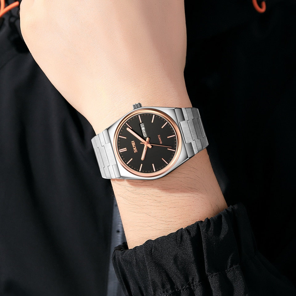 New Casual Quartz Clock Male Full Steel Time Week Date Sports Watch Mens Waterproof Business Wristwatches Man reloj hombre