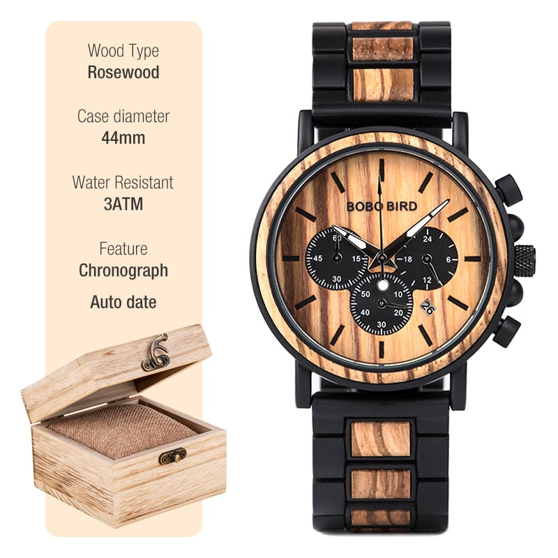 New Wooden Watch Men Stylish Wood Timepieces Chronograph Military Quartz Watches in Wood Gift Box