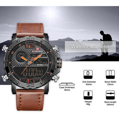 Men Watches To Luxury Brand Men Leather Sports Watches NAVIFORCE Men Quartz LED Digital Clock Waterproof Military Wrist Watch