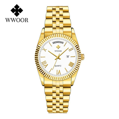 New Gold Watches Mens Luxury Stainless Steel With Calendar Warter proof Male Clock Week Quartz Wristwatch Relogio Masculino