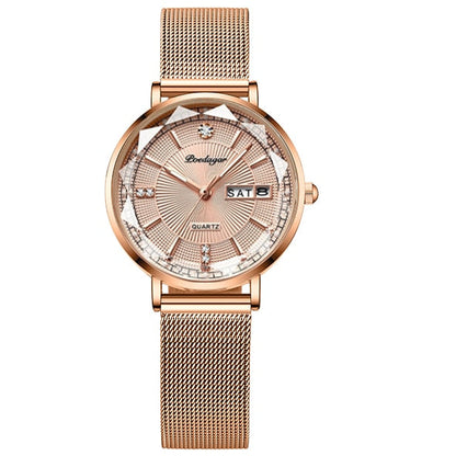 New Women Watch Rose Gold Fashion Quartz Watches Top Brand Luxury Ladies Wristwatch Waterproof Date Week Girlfriend Gift