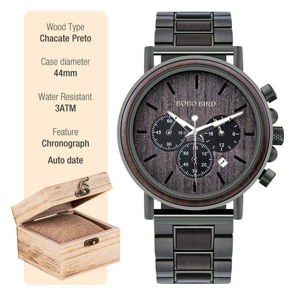 New Wooden Watch Men Stylish Wood Timepieces Chronograph Military Quartz Watches in Wood Gift Box