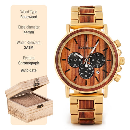 New Wooden Watch Men Stylish Wood Timepieces Chronograph Military Quartz Watches in Wood Gift Box Q26-2