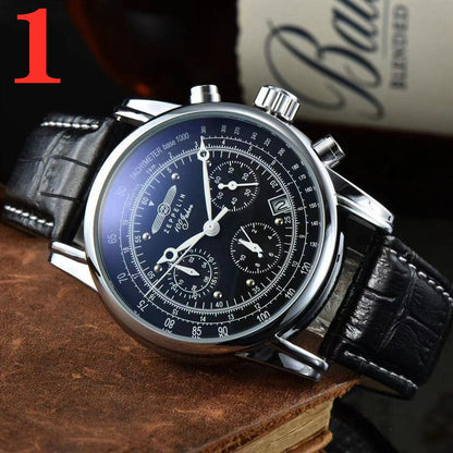 New Zeppelin Watch Fashion Three Eyes Running Second Multifunctional Chronograph Top Leather Business Quartz Watch