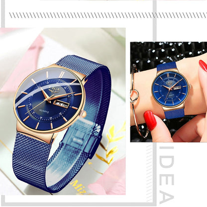 Women Watches Luxury Brand Ultra-thin Calendar Week Quartz Watch Ladies Clocks Mesh Stainless Steel Waterproof Reloj Mujer