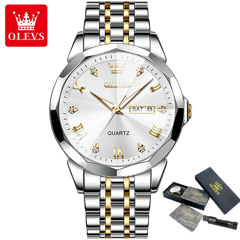 OLEVS 9931 New Business Quartz Watch for Men Dual Calendar Luxury Diamond Dial Waterproof Stainless Steel Strap Men Wristwatch