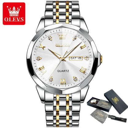 OLEVS 9931 New Business Quartz Watch for Men Dual Calendar Luxury Diamond Dial Waterproof Stainless Steel Strap Men Wristwatch
