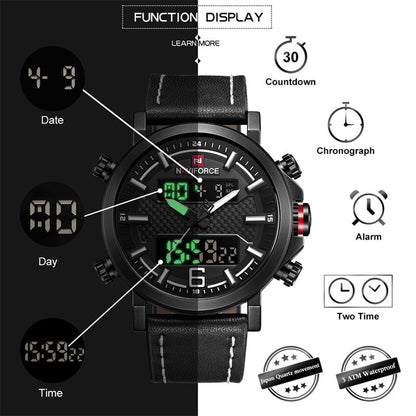 Men Sports Watches Men Quartz LED Digital Clock Top Brand Luxury Male Fashion Leather Waterproof Military Wrist Watch