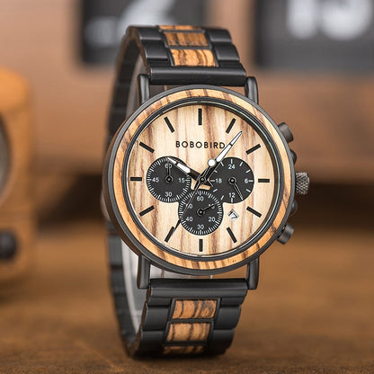 New Wooden Watch Men Stylish Wood Timepieces Chronograph Military Quartz Watches in Wood Gift Box