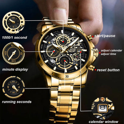Quartz Watch Men Gold Black Mens Watches Top Brand Luxury Chronograph Sports Watches Luminous Waterproof Relogio Masculino