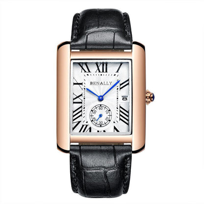 Top Luxury Brand Square Mens Wrist Watches Unique Design Rose Gold Calendar Stop Watch Genuine Leather Quartz Business Male Clock
