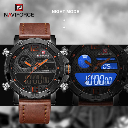 Men Watches To Luxury Brand Men Leather Sports Watches NAVIFORCE Men Quartz LED Digital Clock Waterproof Military Wrist Watch