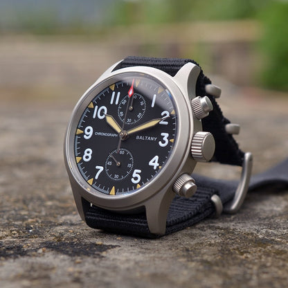 Baltany Retro Quartz Chronograph Watch Stainless Steel Case Fabric Strap 100M Waterproof Multifunction Military Watches