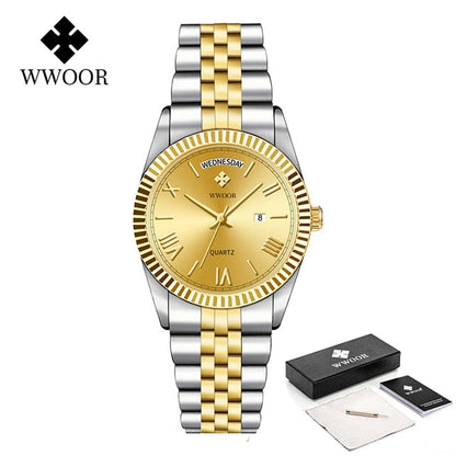 New Gold Watches Mens Luxury Stainless Steel With Calendar Warter proof Male Clock Week Quartz Wristwatch Relogio Masculino Silver gold box