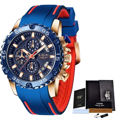 Relogio Masculino LIGE  Luminous Men Watch Sport Army Men Watches Waterproof Quartz Clock Man Chronograph  Military WristWatch Rose gold blue