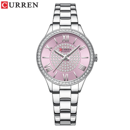 Rhinestones Rose Dial Fashion Watches with Stainless Steel Band New Quartz Wristwatches for Women