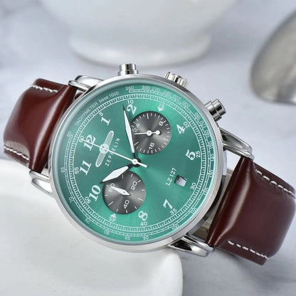 New Zeppelin Watch Fashion Three Eyes Running Second Multifunctional Chronograph Top Leather Business Quartz Watch
