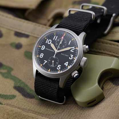 Baltany Retro Quartz Chronograph Watch Stainless Steel Case Fabric Strap 100M Waterproof Multifunction Military Watches