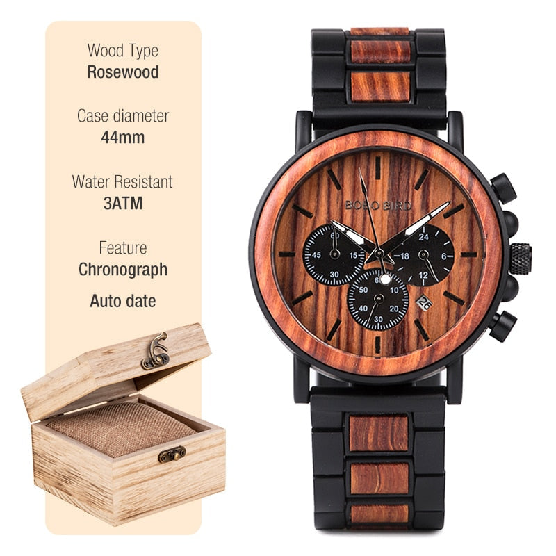 New Wooden Watch Men Stylish Wood Timepieces Chronograph Military Quartz Watches in Wood Gift Box