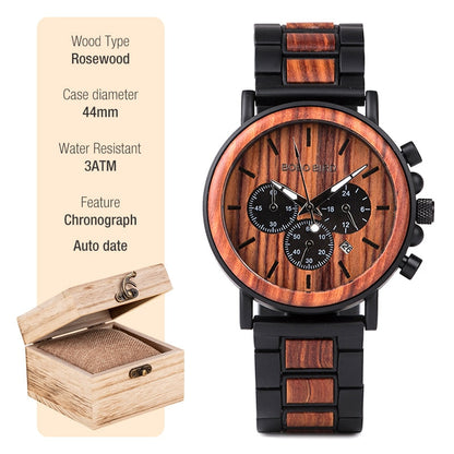 New Wooden Watch Men Stylish Wood Timepieces Chronograph Military Quartz Watches in Wood Gift Box